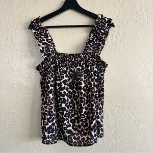 Who What Wear Leopard Smocked Tank Top in Black, Cream & Coral